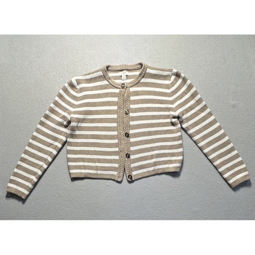 J. Crew Tan White Striped Knit Cotton Lady Jacket Cardigan Sweater small